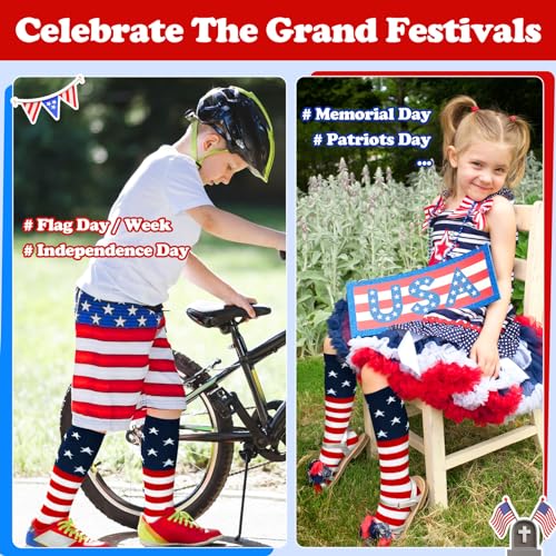 Kids Soccer Socks with Stripes - Toddler Knee High - American Flag, 6-9 Years