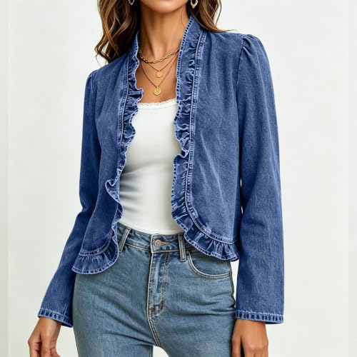 Ruffle Trim Long Sleeve Denim Cardigan - Large, Dark Blue