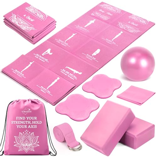 Foldable Yoga Mat Set with 2 Yoga Blocks & Strap - Pink