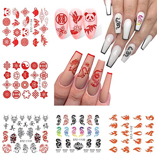 Flame Chinese Character Dragon Nail Stickers - 5 PCS