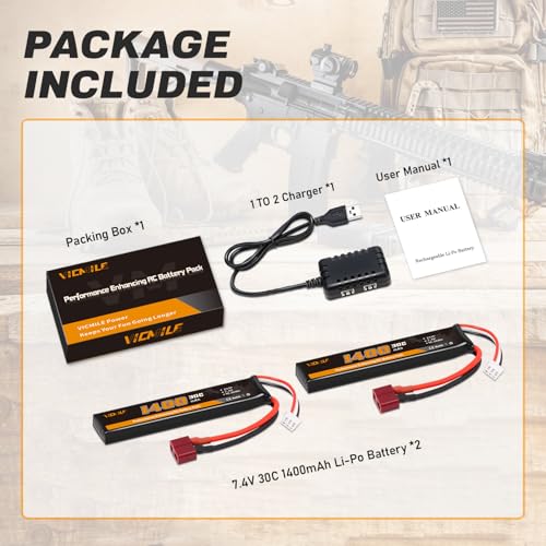 1400mAh 7.4V Lipo Battery with Dean-Style T Plug & USB Charger - 2 Pack