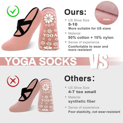 Non-Slip Pilates Yoga Socks for Women - 3 Pairs Purple, Pink & Green