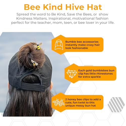 Bee Kind Ponytail Hat with Honey Bee Hair Pins - Black