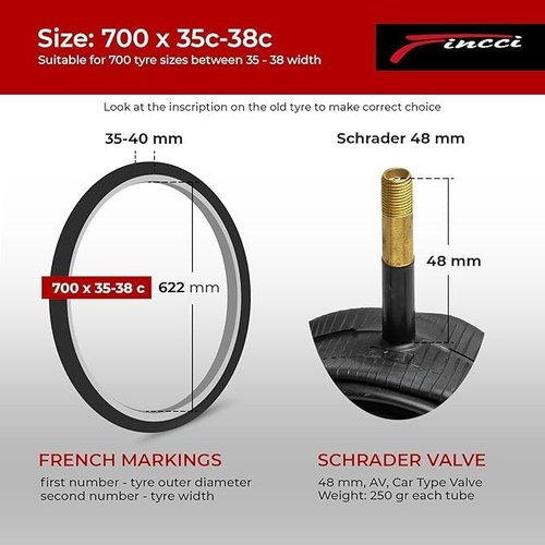 Fincci Pack Inner Tubes - 700c x 35c/38c with 48mm Schrader-Presta Valve | Durable Butyl Rubber for Gravel, Road & Hybrid Bikes