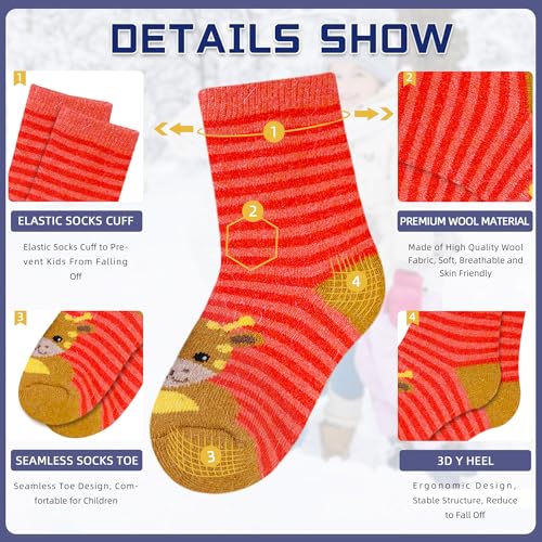 Kids Wool Socks for Boys Girls 4-7 Years Stripe Animal Warm Winter Thermal 6 Pairs