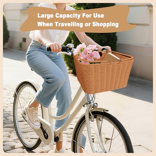RainFlowwer Large Woven Bike Basket Front for Adult Bike - Red Brown