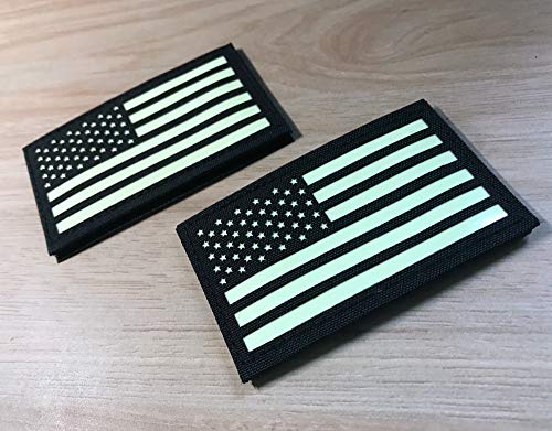 JUJUPUPS 2 Pack Glow in the Dark Black/White American Flag Tactical Patches 2" x 3.5"