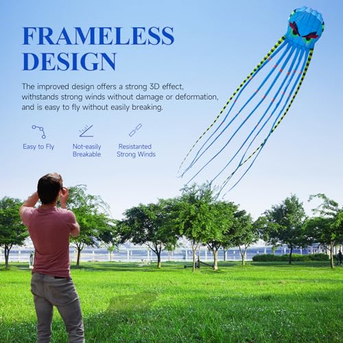 Blue Giant Octopus Kite 26ft for Adults Outdoor Fun Large 3D with Reel