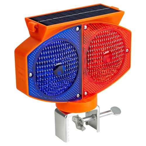 Solar Strobe Warning Light, 3 Working Modes Double Side Red Blue Flash Traffic Lights Wireless Rechargeable Waterproof Safety Barricade Warning Lights for Road Construction (Iron Clamp)