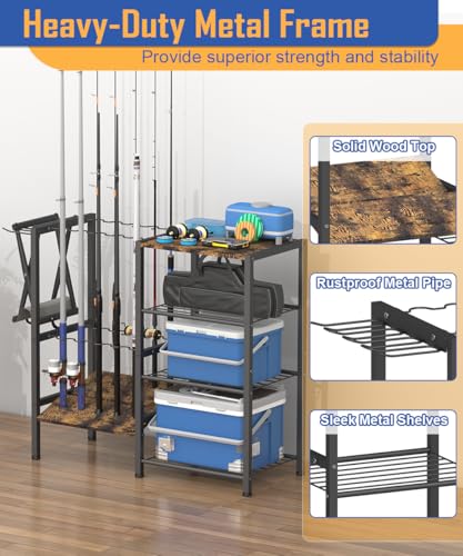 Tigerden Black Fishing Rod Holder for Garage - 4 Tier Multi-Use Storage Rack for Up to 10 Rods