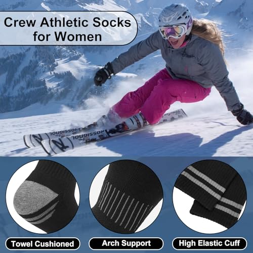 Women's Crew Compression Socks for Hiking and Running - 6 Pairs, Black