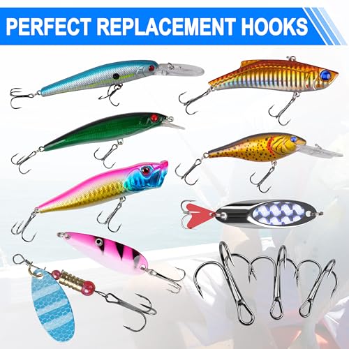 Black 8# Treble Hooks 60pcs High Carbon Steel Fishing Hooks for Saltwater & Freshwater Lures