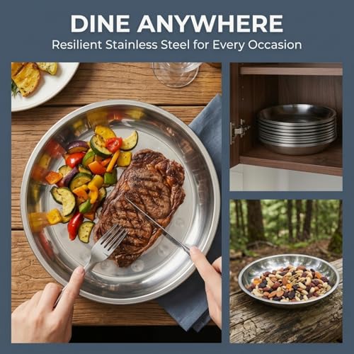 TOPZEA 10 Pack 9 Inch Stainless Steel Dinner Plates – Unbreakable, Stackable Camping & Picnic Dishes