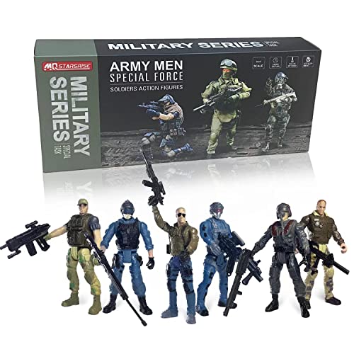 Army Men Action Figures Set - 6 Soldiers with Weapons - Blue