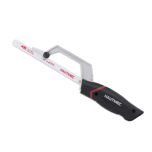 HAUTMEC Mini Hacksaw, 10" Compact Hacksaw with Cutting Guide Design, Tool-Free Blade Change, Compatible with 10"/12" Blades, Lightweight Hack Saw for Metal, PVC & Wood Cutting – HT0427