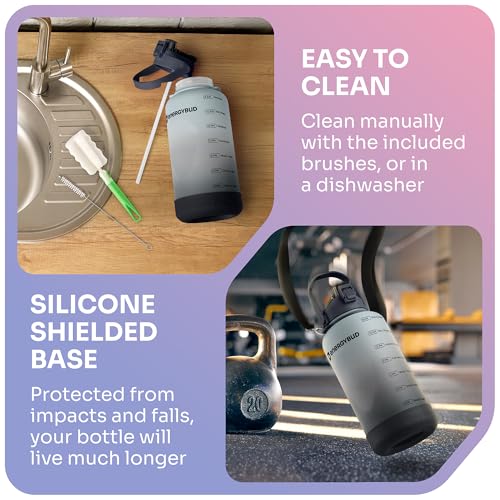 EnergyBud 1 Gallon Water Bottle with Straw, 128 oz, BPA/BPS Free Tritan, Time Markers, 6-in-1 Cap, Includes 2 Cleaning Brushes, Clear & Black