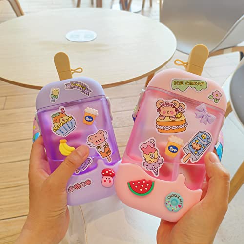 GMKD Purple Kawaii Ice Cream Water Bottle for Girls, 14oz BPA-Free Popsicle Design with Straw & Adjustable Shoulder Strap