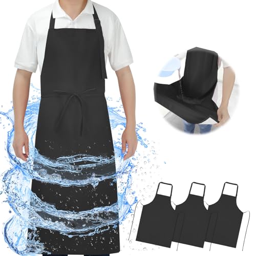 3 Pcs Dual Waterproof Long Apron, Anti-Tear Lightweight Cloth Apron for Dishwasher Dish Washing Dog Grooming Lab Cleaning Kitchen Chef Cooking BBQ Painting Butcher for Women & Men (Black)