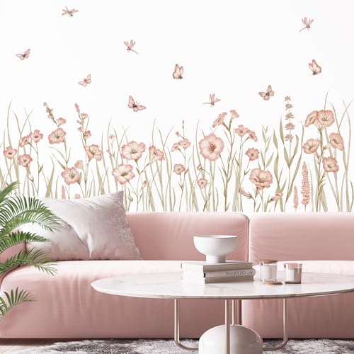 SHUCHING 61''X22 Pink Flower Wall Decal Peel and Stick, Vinyl Wildflower Wall Stickers, Floral Wall Decor Art for Living Room Girl Bedroom