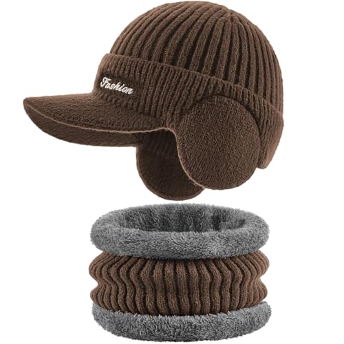 Winter Beanie Hat Set with Brim & Ear Flaps - Coffee Color
