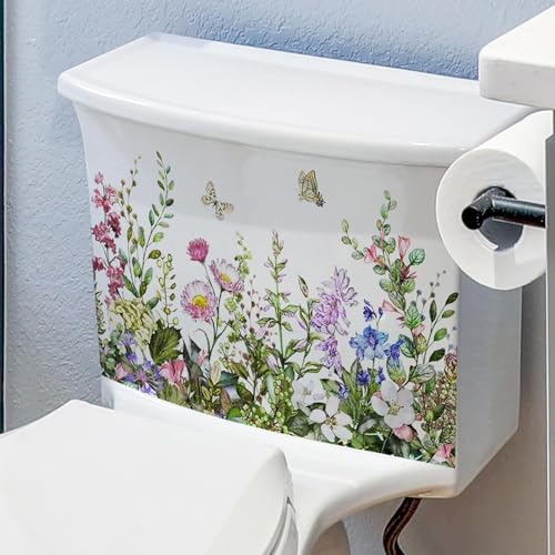 Green Plant Leaves Flowers Toilet Stickers -DIY Removable Waterproof Sticker -Green Leaf Floral Toilet Lid Decals Bathroom Cistern Decor -Sticker for Cistern Decor