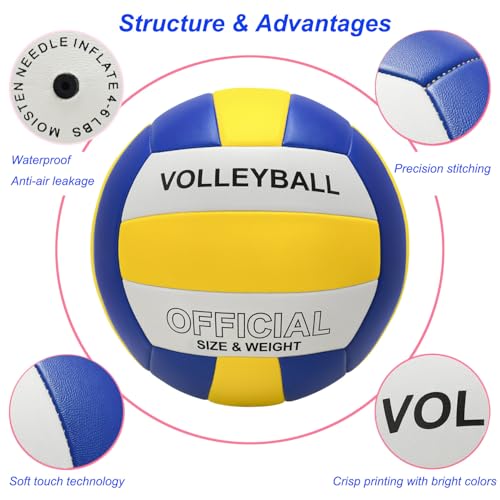 Official Size 5 Volleyball for Indoor/Outdoor - Soft Touch Ball with Pump (Yellow-Blue-White)