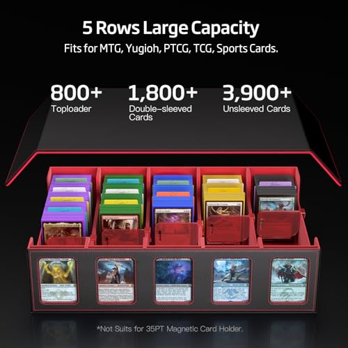 MORCCO Trading Card Storage Box 5-Row Magnetic Lid, 3900+ Capacity (Black Red) - Display Windows