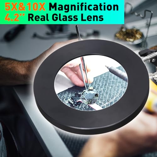 5X&10X Magnifying Glass with Light and Stand, Flexible Magnetic Helping Hand, Large Base & Clamp Magnifying Lamp, 3 Color Adjustable Arm Desk Magnifier with Light for Soldering Craft Hobby