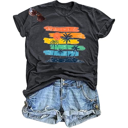 Palm Tree Graphic Summer Beach Shirt for Women - Medium Hawa-Dark Grey