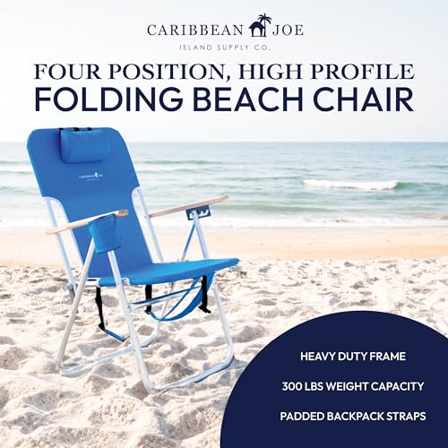 Caribbean Joe 4-Position Folding Beach Chair with Headrest & Cup Holder