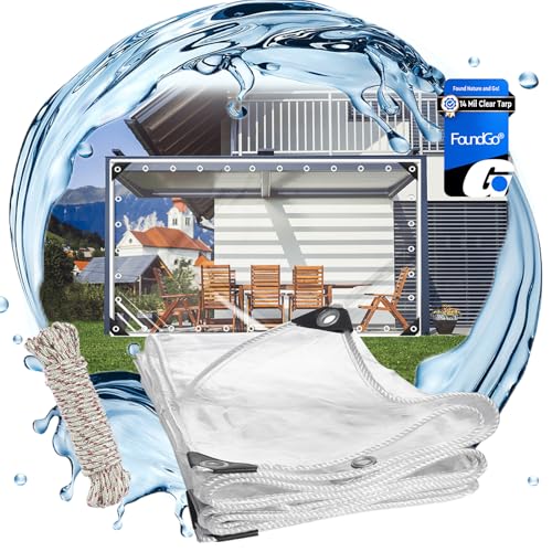 FoundGo Clear PVC Vinyl Tarp - 7'x8' - 14 Mil Thickness - Transparent Polytarp with Metal Grommets - Waterproof, UV & Tear Resistant - Ideal for Protection Against Cold Weather & Elements