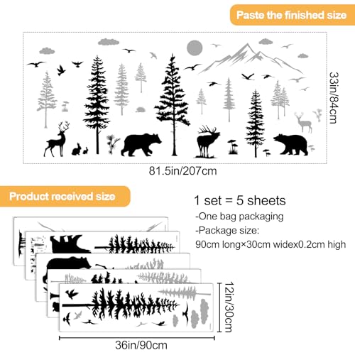 5 Sheets of 12x36inch Large Black and Grey Pine Tree Wall Sticker Peel and Stick Mountain Forest Tree Wall Decal Woodland Deer Bear Birds Wall Decor for Nursery Bedroom Living Room Decoration