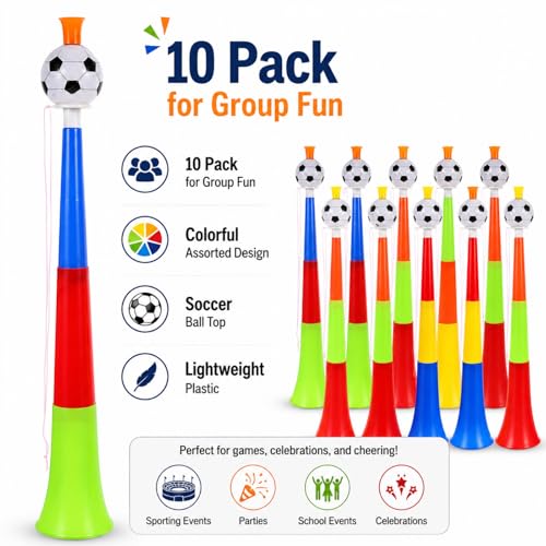 10 Pack Soccer Stadium Horns - Colorful Plastic Noisemakers