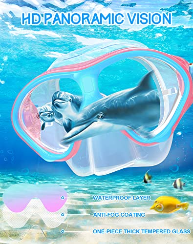 Kids Snorkeling Gear Set - Anti-Fog Mask & Dry Top Snorkel - Pink/Blue X-Small