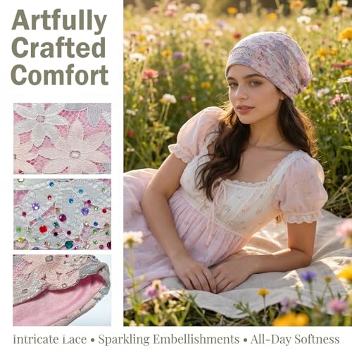 Light Pink Rhinestone Lace Beanie for Women - Lightweight Fashion Hat