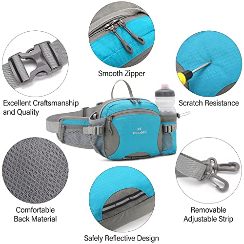 Peicees Large Water-Resistant Hiking Fanny Pack with Bottle Holder - Blue