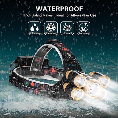 Headlamp Rechargeable,1200 Lumen Ultra Bright 5 LED Headlight Flashlight,Brightest USB Rechargeable Headlamps,Waterproof Zoomable Head Lamp 4 Modes Light for Outdoors Camping Hunting Hiking Hard Hat