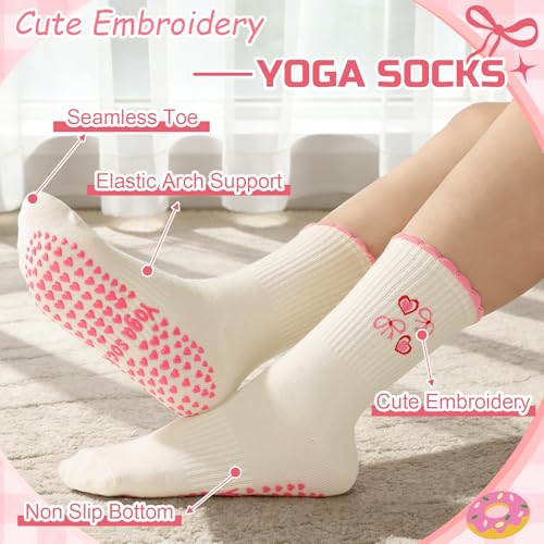 Non-Slip Yoga & Pilates Socks for Women - Embroidered Pink Afternoon Tea, 3 Pair