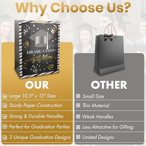 Large Graduation Gift Bags with Handles - 3-Pack Foil Embellished