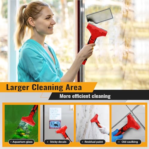 Razor Blade Scraper with Long Handle, 4 Inch Scraper with 15 Pcs Razor Blades, Scrapper for Cleaning Glass Windows, Tile Walls/Floors, Kitchen Stove Top/Oven/Cooktop, Paint/Sticker/Caulk Remover Tool