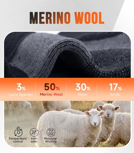 PULIOU Merino Wool Hiking Socks 3 Pairs Large Black - Breathable, Seamless Toe, Arch Support