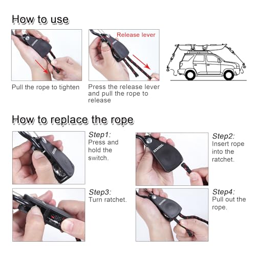EXVITAL 4pcs 1/4"×12' Kayak Rope Tie Down Ratchet Straps - Black, Heavy Duty