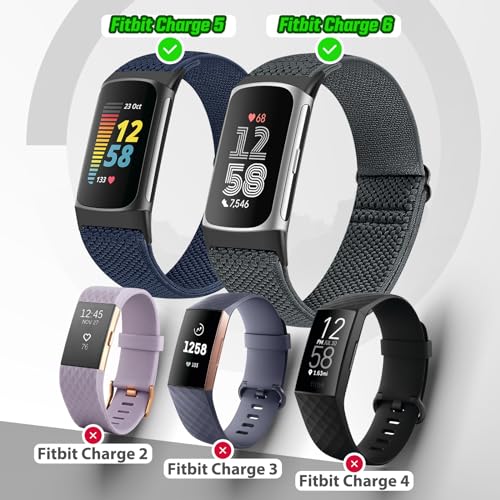 Bcuckood 5 Pack Elastic Nylon Watch Bands for Fitbit Charge 6/5 - Adjustable Breathable Sport Straps, Includes Black, Grey, Indigo, Navy Green, Wine Red