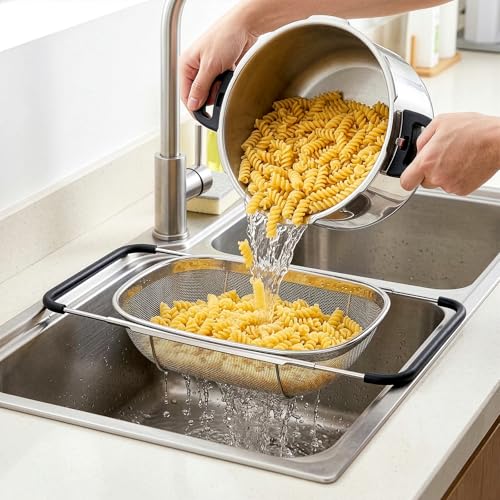 2 Pack Over Sink Oval Colanders - Stainless Steel Mesh Strainers with Expandable Handles, 6 Quart Capacity