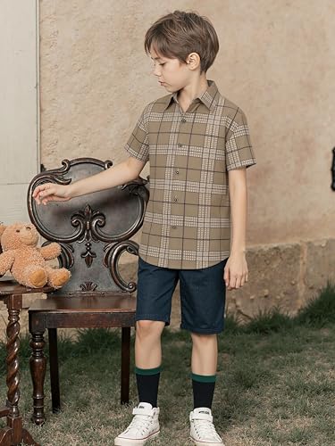 Boys Button Down Short Sleeve Plaid Dress Shirt - Khaki, 10 Years
