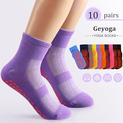 Geyoga 10 Pairs Non Slip Yoga Socks for Women, One Size, Bright Colors