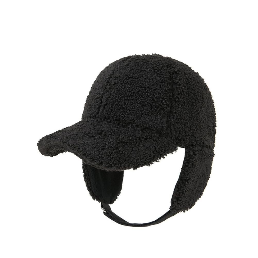 Sherpa Fleece Baseball Cap with Earflaps, Warm Fuzzy Winter Hat Adjustable for Men and Women Outdoor Travel (US, Alpha, One Size, Black)
