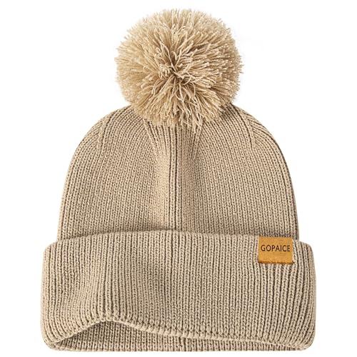 Womens Fleece-Lined Winter Beanie Hat with Pom Pom - Beige