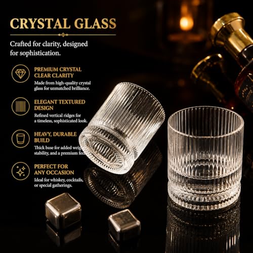 Vintage Whiskey Glasses Set of 4 12 oz Crystal with Luxury Gift Box - VUNDO