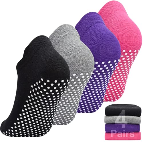 Non-Slip Pilates Yoga Socks for Women - 4 Pairs Grip Slipper Socks